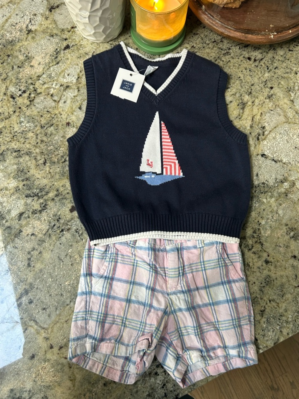 Navy Sailboat Outfit- Vest with Pink Plaid Shorts